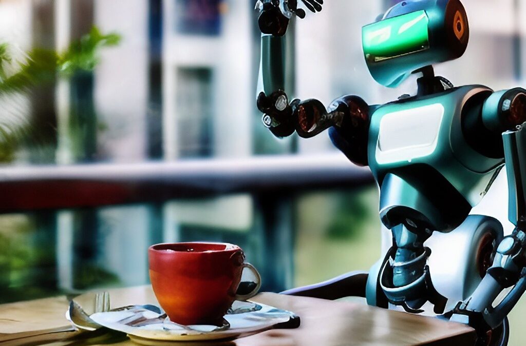 Robot at table with cup of coffee